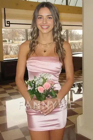 FannyWe Simple Chic Strapless Stain Pleated Sleeveless Tight Short Homecoming Party Dress formal wear dresses